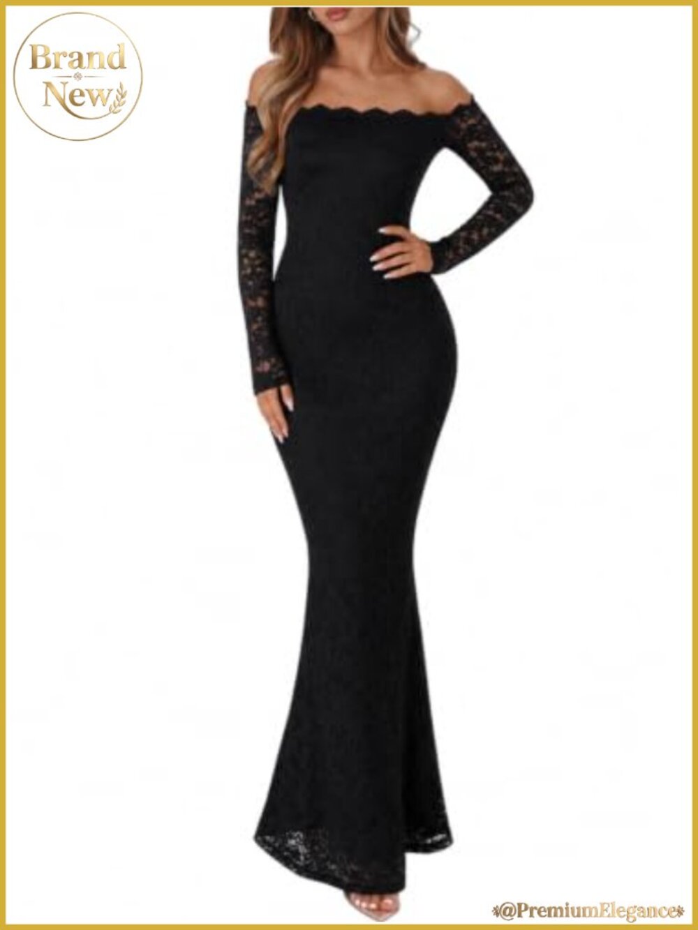 Womens Lace Off Shoulder Long Sleeve Bodycon Formal Maxi Dress